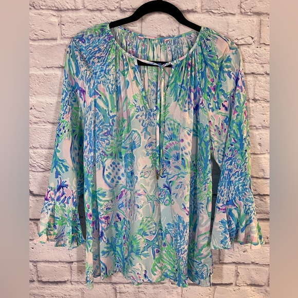 Lilly Pulitzer Willa Flounce Sleeve Blouse Amethyst Tint Craysea Print Size S - Picture 4 of 9